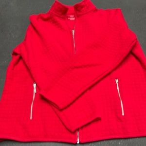 2 Karen Scott cardigans one red with zipper pockets and one white/brown stripes